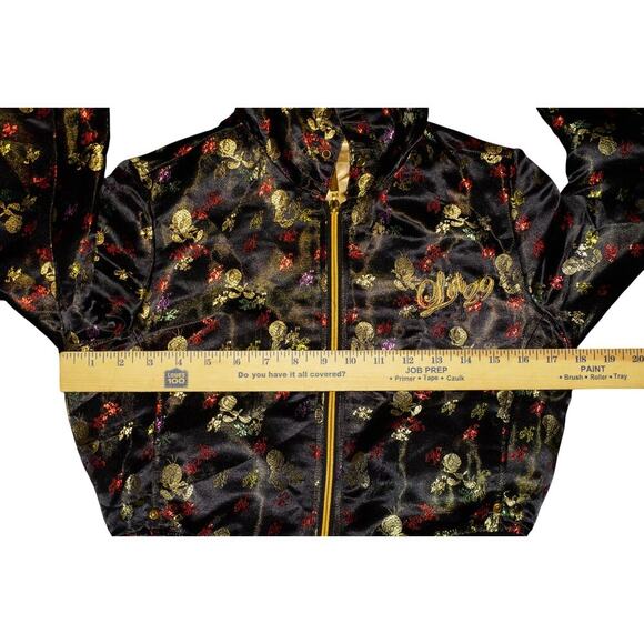 Lot29 Y2K Black Satin Skull Print Cropped Zip Hoodie Jacket Gold Logo Women’s M - Picture 13 of 13